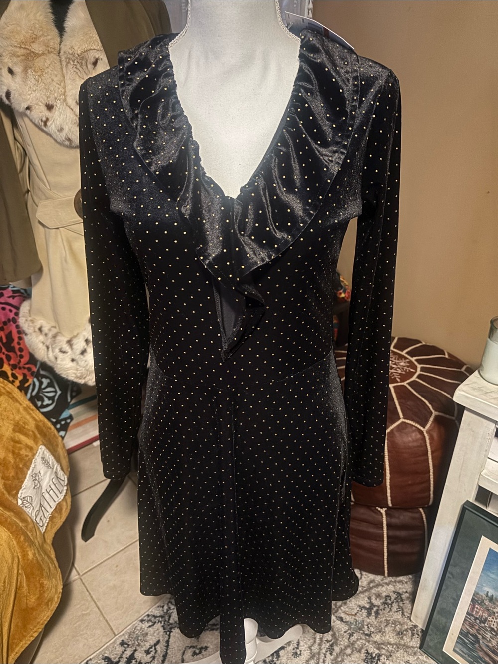 NWT Michael Kors Black Velvet Long-Sleeve POLKA DOT RUFFLE Neck Dress!! Gold Dot
